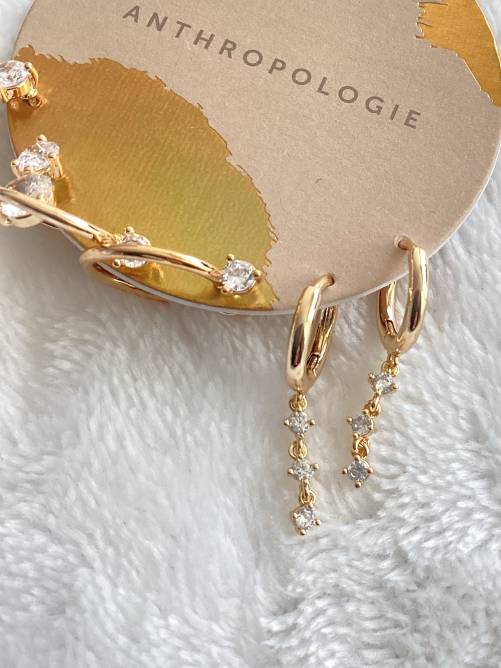 Anthropologie 14KT Gold Plated Earrings Thin Drop New Set of 3 CZ Hoops - Picture 5 of 7